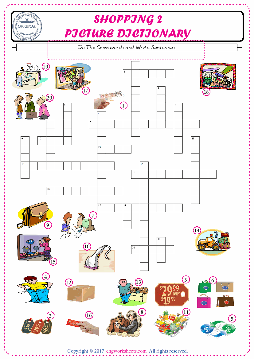  ESL printable worksheet for kids, supply the missing words of the crossword by using the Shopping picture. 